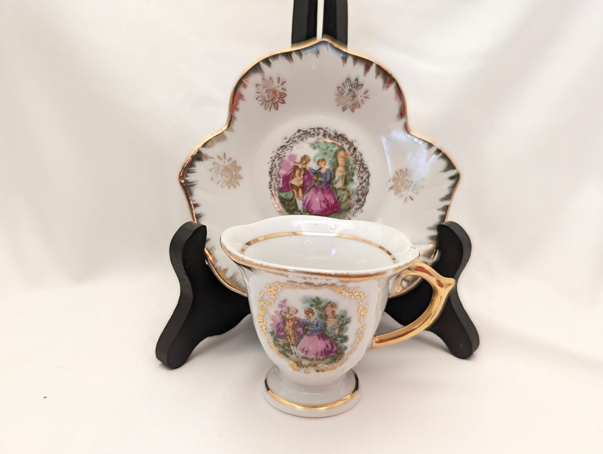 Victorian Courting Couple Demitasse Cup & Saucer Set Maple Leaf Plate and Gilt Trim-Made in Japan Vintage image 2