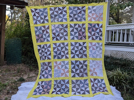 Vintage Quilt Top 72x85 Pinwheel Pattern with Bold Yellow Sashing, Clean and Ready to Finish image 0