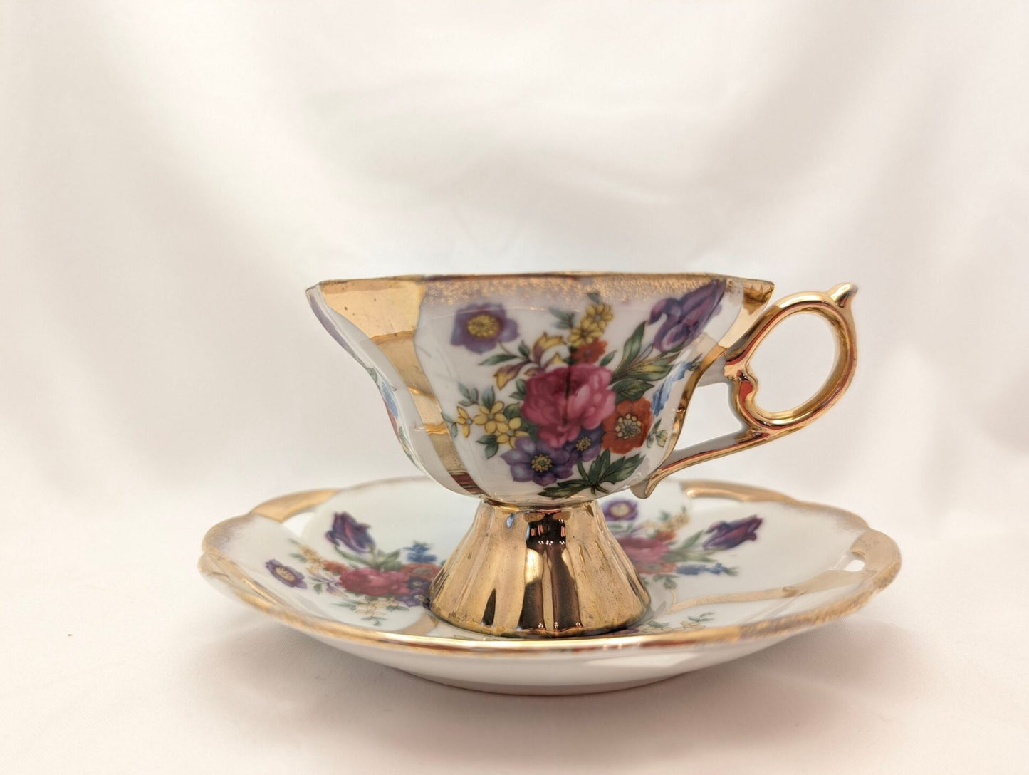 1950s Lusterware Teacup & Saucer Set w/ Roses, Irises, and Gold Trim - 3 Paneled Footed Cup, Loop Handle, Reticulated Plate image 4