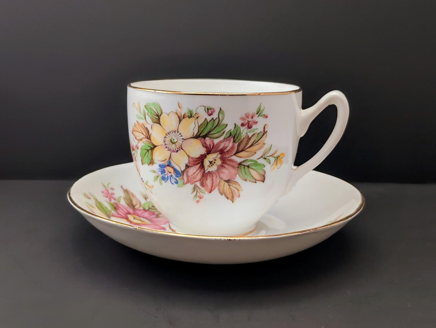 Duchess Bone China Teacup & Saucer Set with Delicate Floral Pattern and Gilt Trim-Made in England image 4
