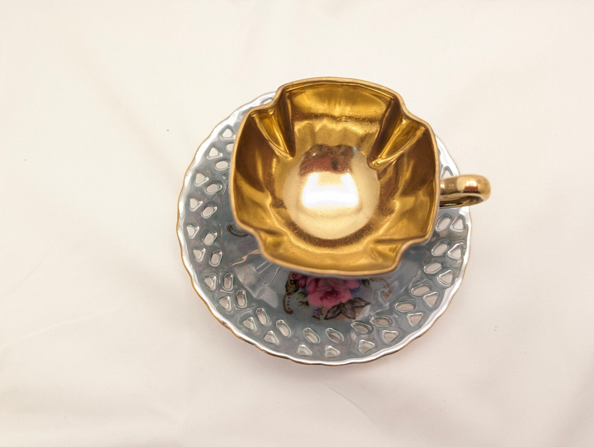 Vintage Royal Ainsley Blue Teacup & Saucer with Roses, Quatrefoil Demitasse, Hand-Painted Gilt Details image 2