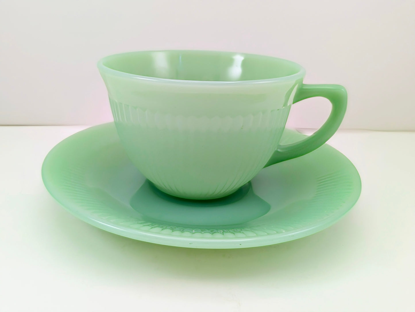 1950s Fire King Jadeite Cup and Saucer - Jane Ray Pattern