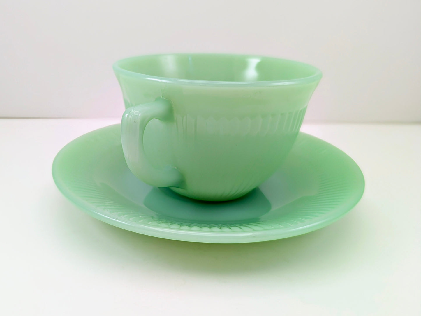 1950s Fire King Jadeite Cup and Saucer - Jane Ray Pattern