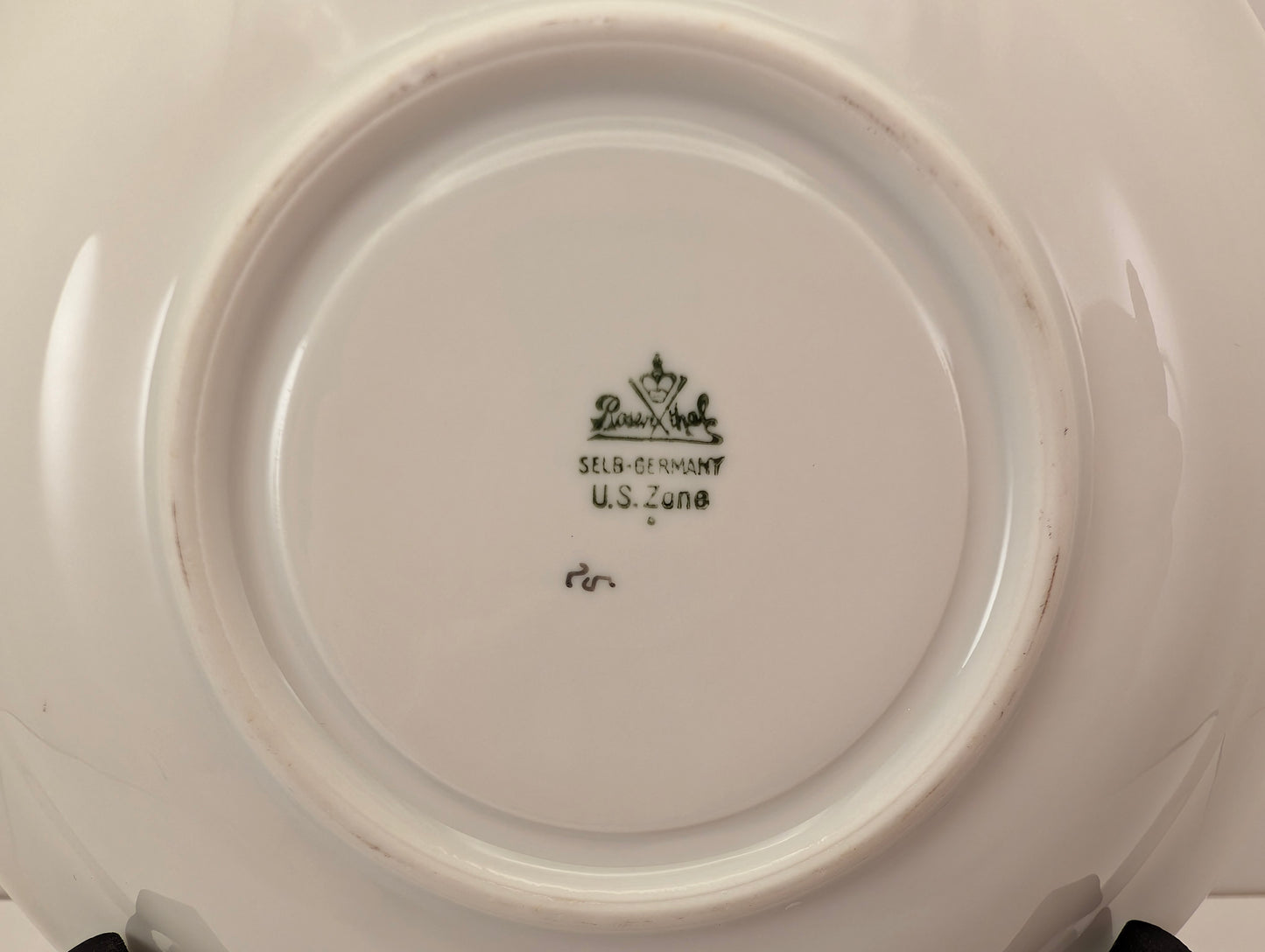 Close up of the back markings on 1940s Rosenthal Blue Danube Saucer. Shows U.S. Zone.