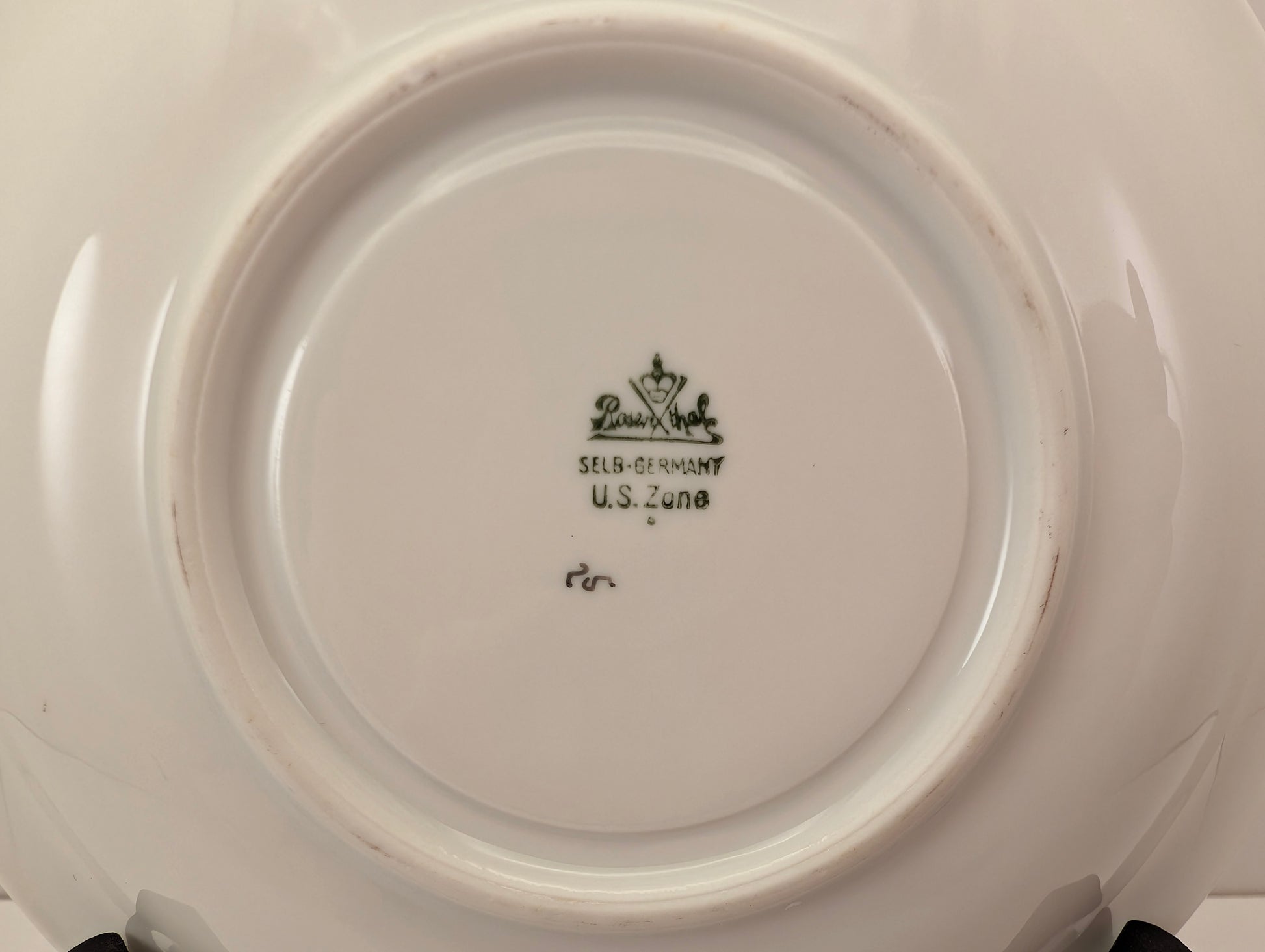 Close up of the back markings on 1940s Rosenthal Blue Danube Saucer. Shows U.S. Zone.