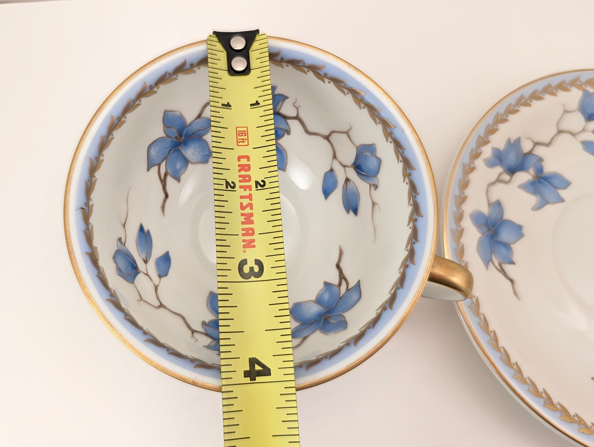 1940s Rosenthal Blue Danube Cup with tape measure - Diameter slightly over 4 inches.
