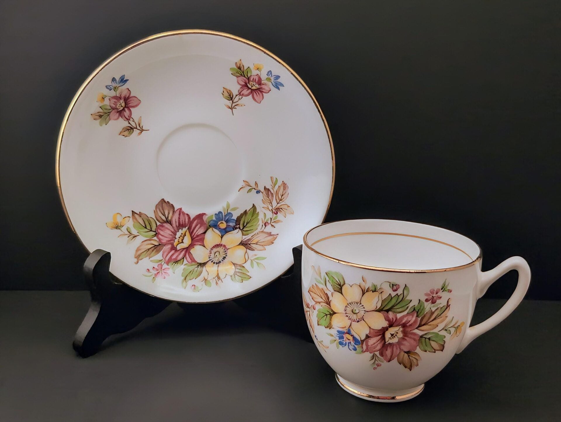 Duchess Bone China Teacup & Saucer Set with Delicate Floral Pattern and Gilt Trim-Made in England image 1