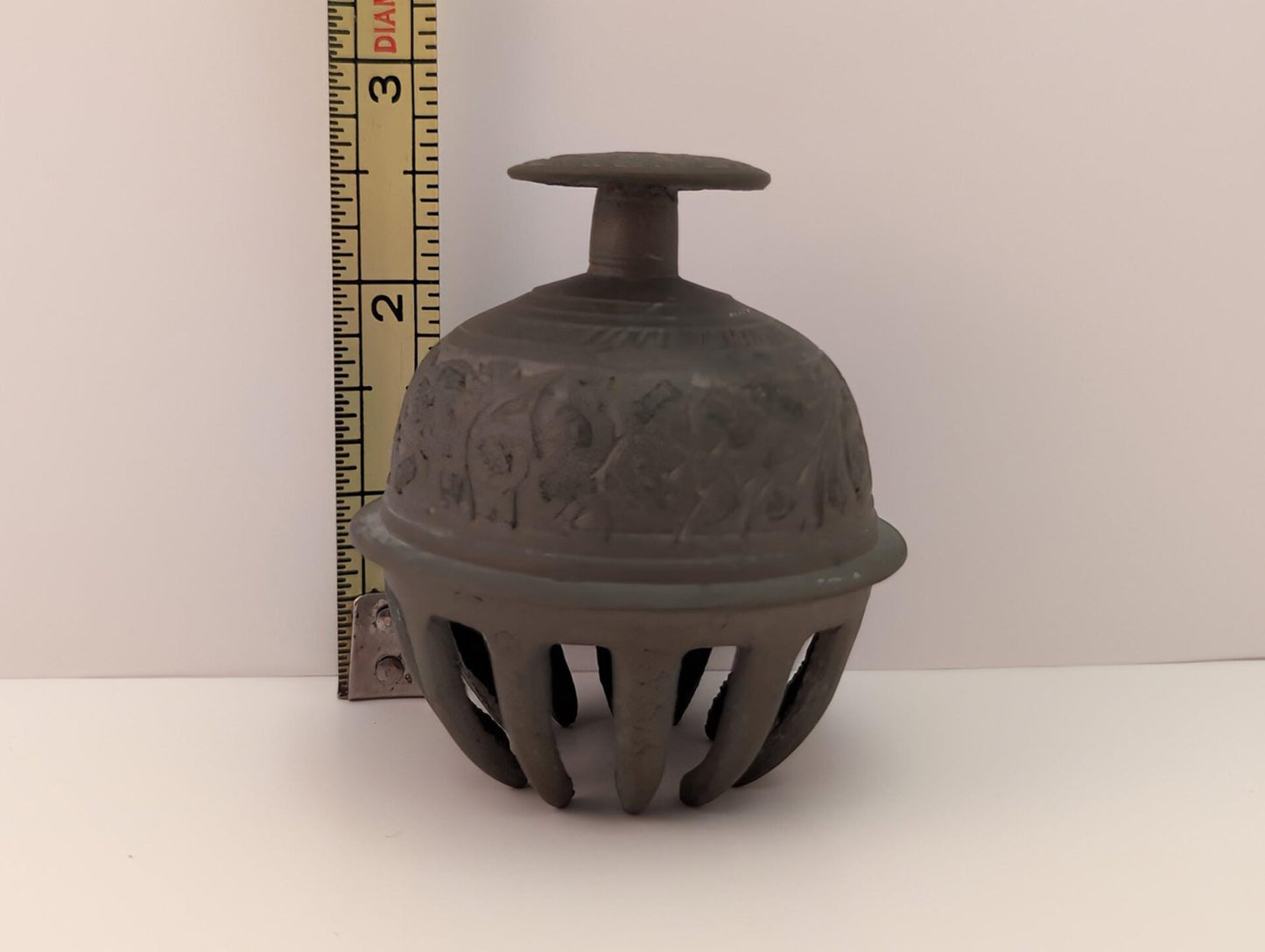 Vintage Brass Elephant Claw Bell - 2 1/2 Inch Ornate Etched Leaf Pattern image 1