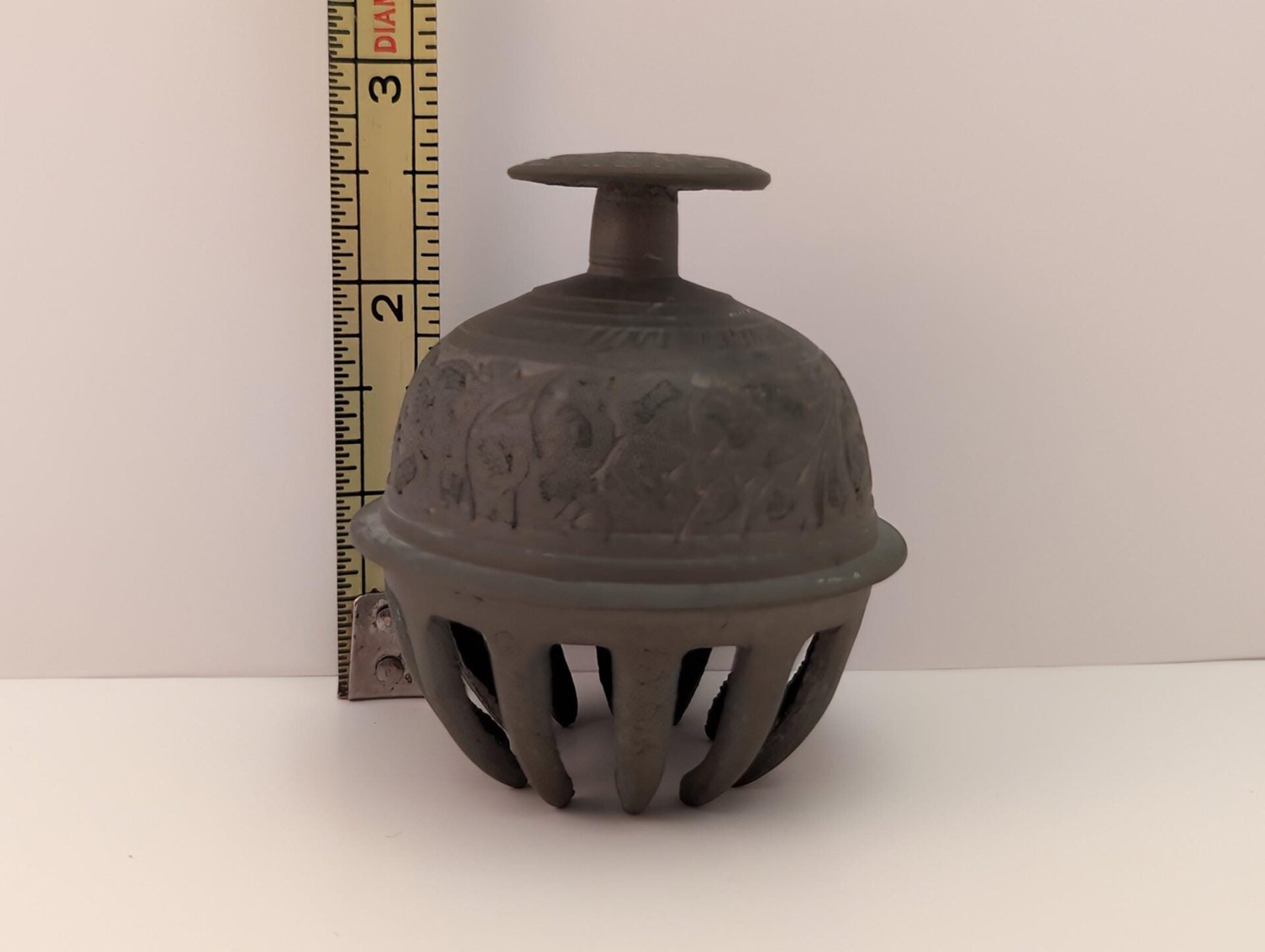 Vintage Brass Elephant Claw Bell - 2 1/2 Inch Ornate Etched Leaf Pattern image 1
