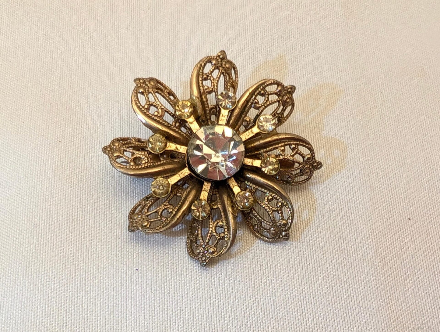 Vintage Gold-Toned Filigree Flower Starburst Brooch With Rhinestones-Retro Glam image 0