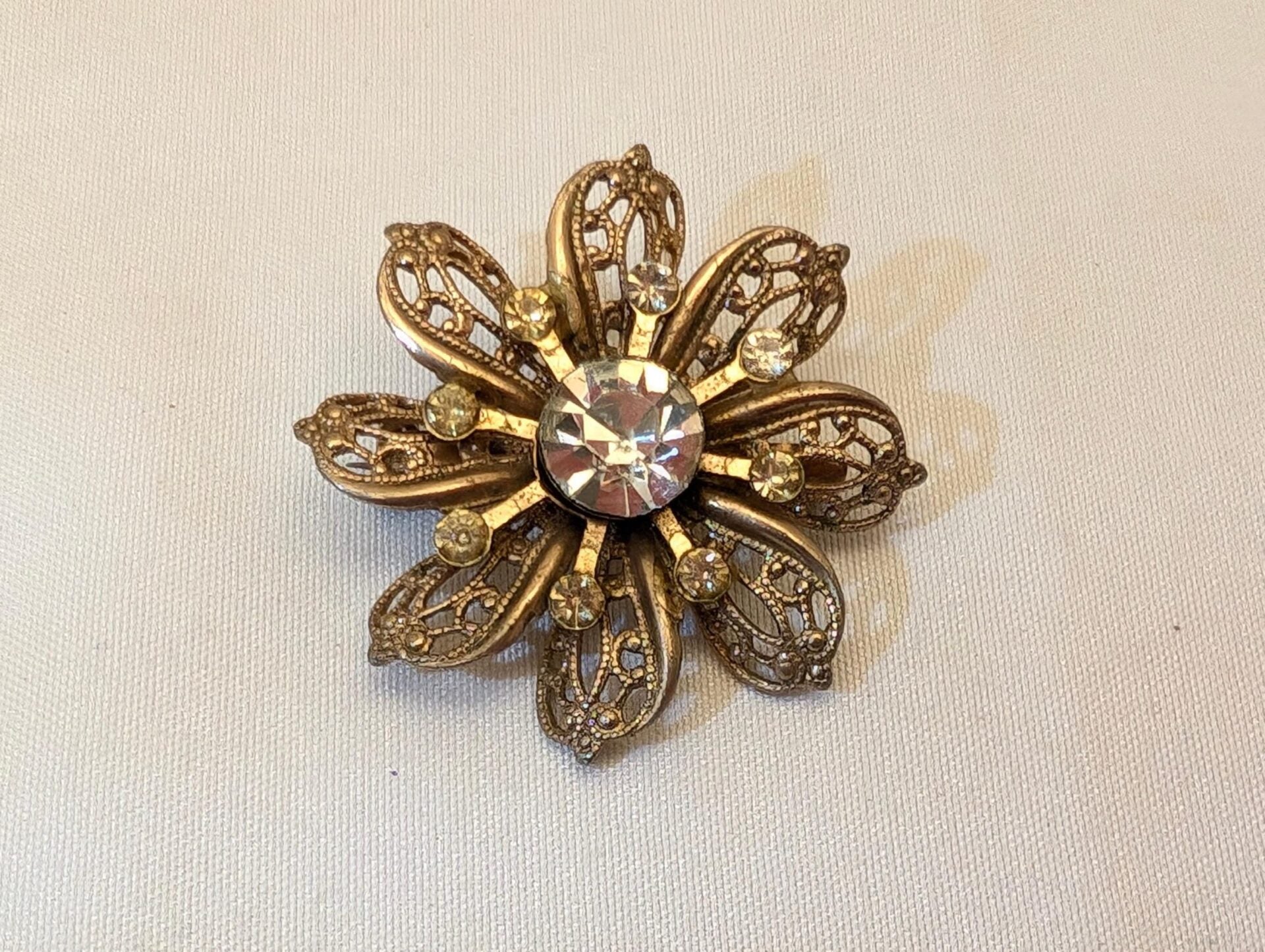 Vintage Gold-Toned Filigree Flower Starburst Brooch With Rhinestones-Retro Glam image 0