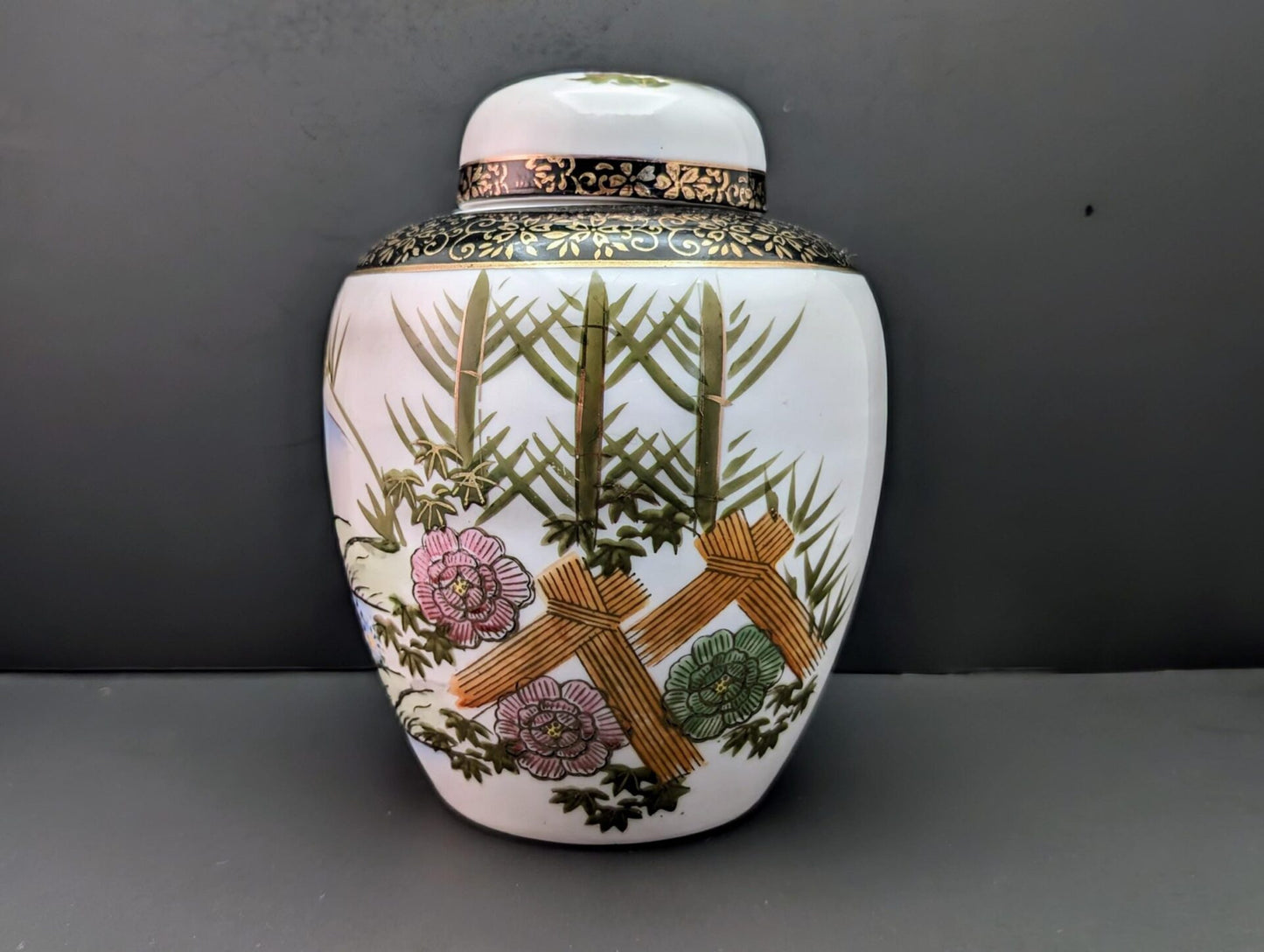 MCM Japanese Ginger Jar - Hand-Painted Seaside Scene with Bamboo, Flowers, Black & Gold Accents image 0