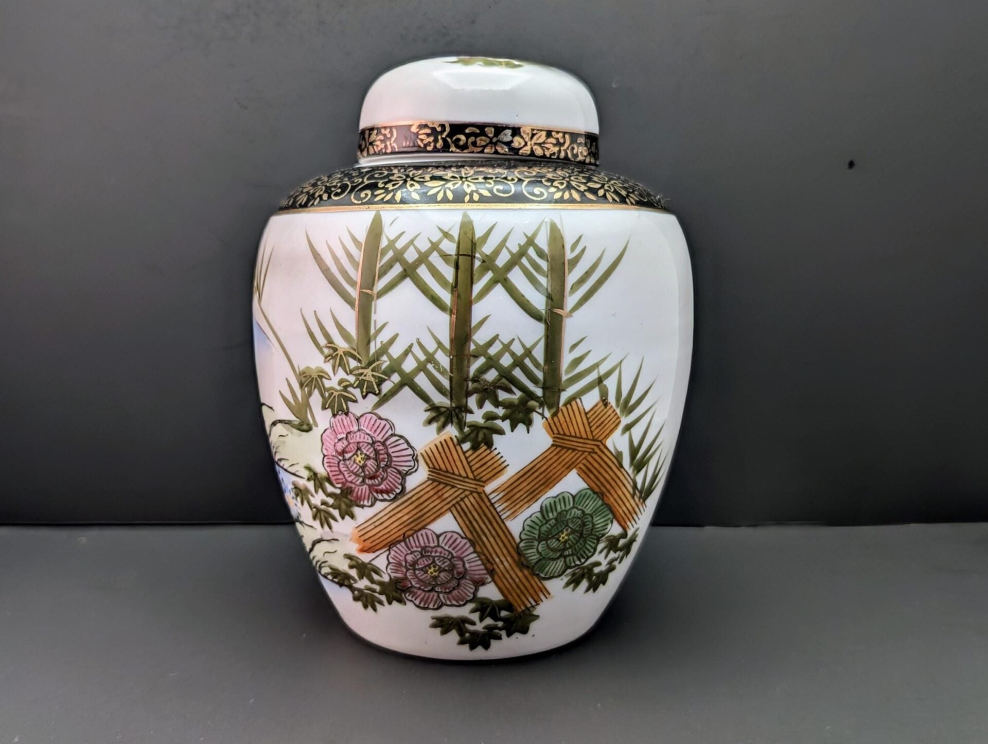 MCM Japanese Ginger Jar - Hand-Painted Seaside Scene with Bamboo, Flowers, Black & Gold Accents image 0