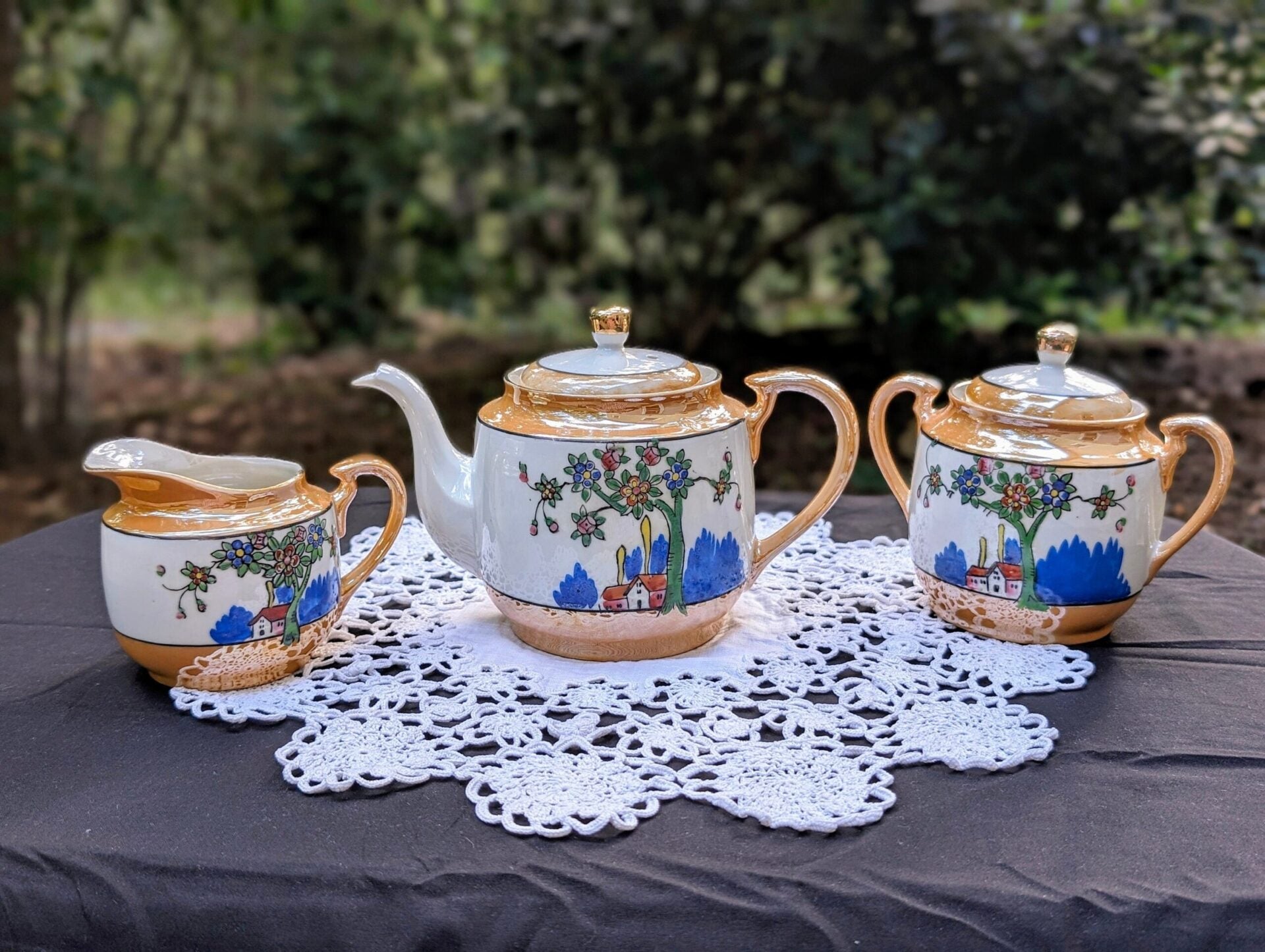 Handpainted Tea Pot, Sugar Bowl, and Creamer Set in Orange Vintage Lusterware - Made by Tashiro Shoten Ltd Nagoya, Japan image 0