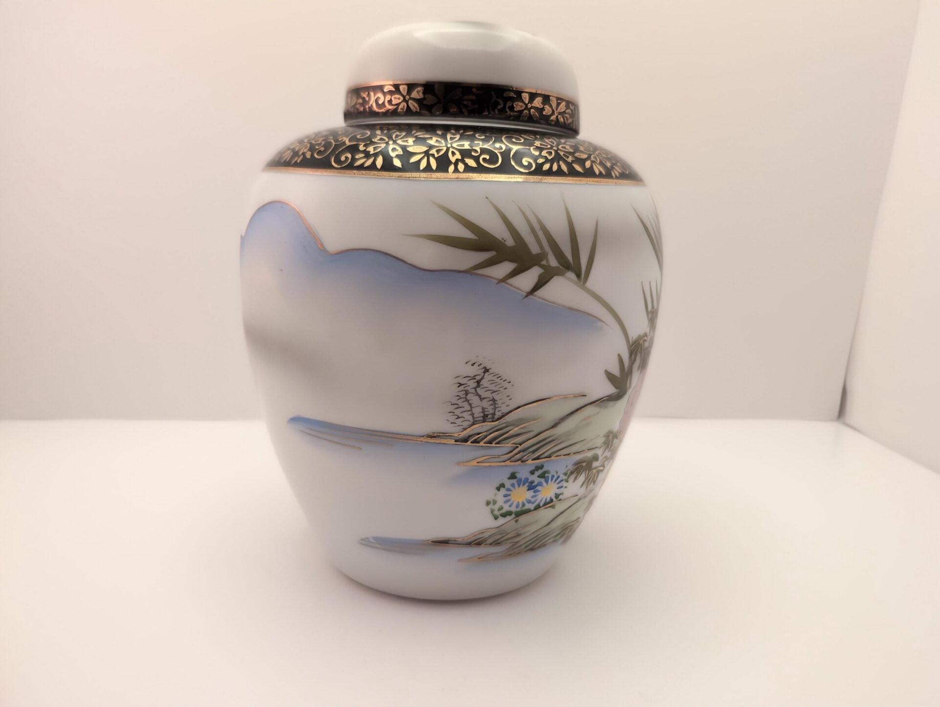 MCM Japanese Ginger Jar - Hand-Painted Seaside Scene with Bamboo, Flowers, Black & Gold Accents image 3