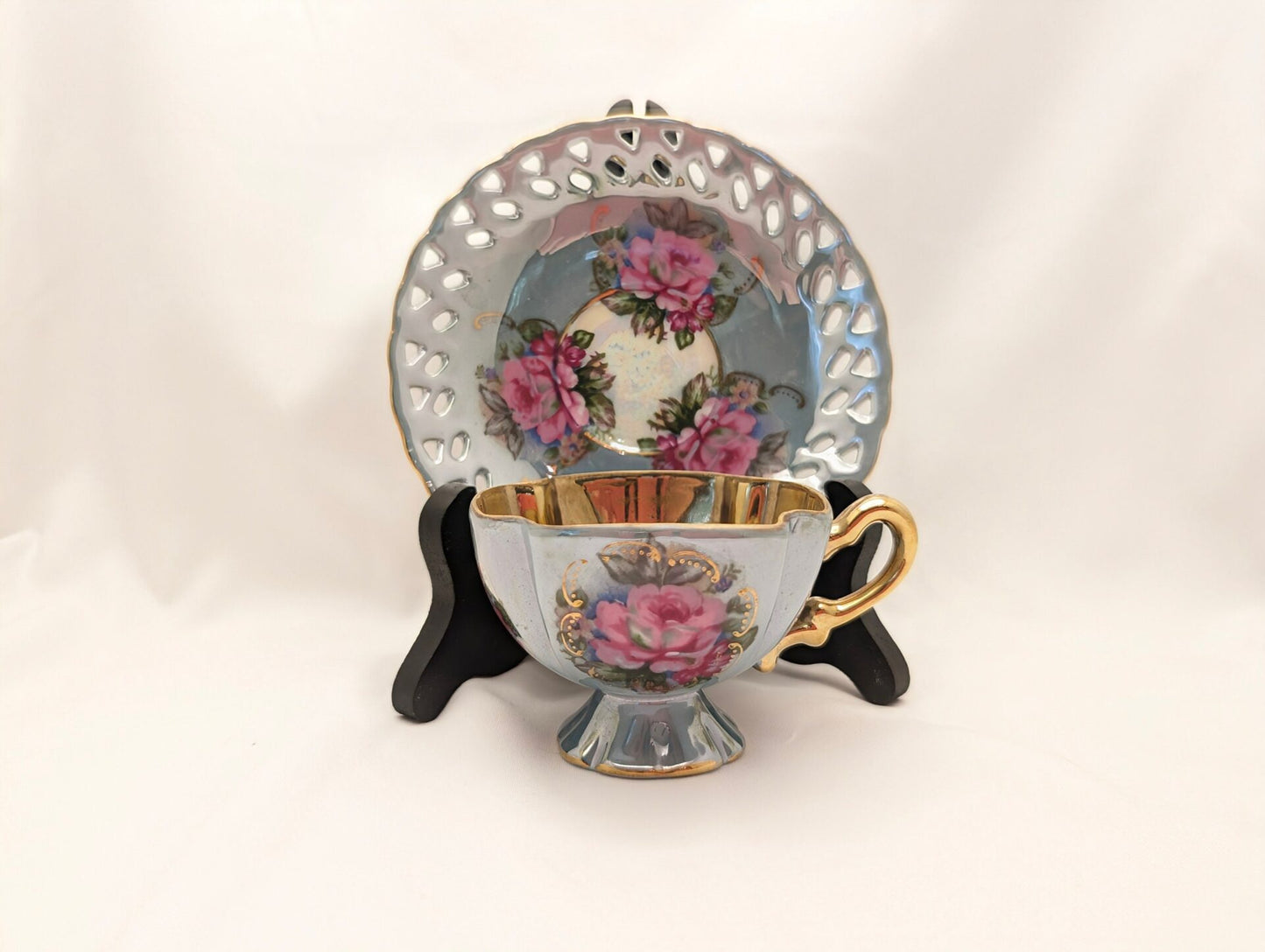 Vintage Royal Ainsley Blue Teacup & Saucer with Roses, Quatrefoil Demitasse, Hand-Painted Gilt Details image 1