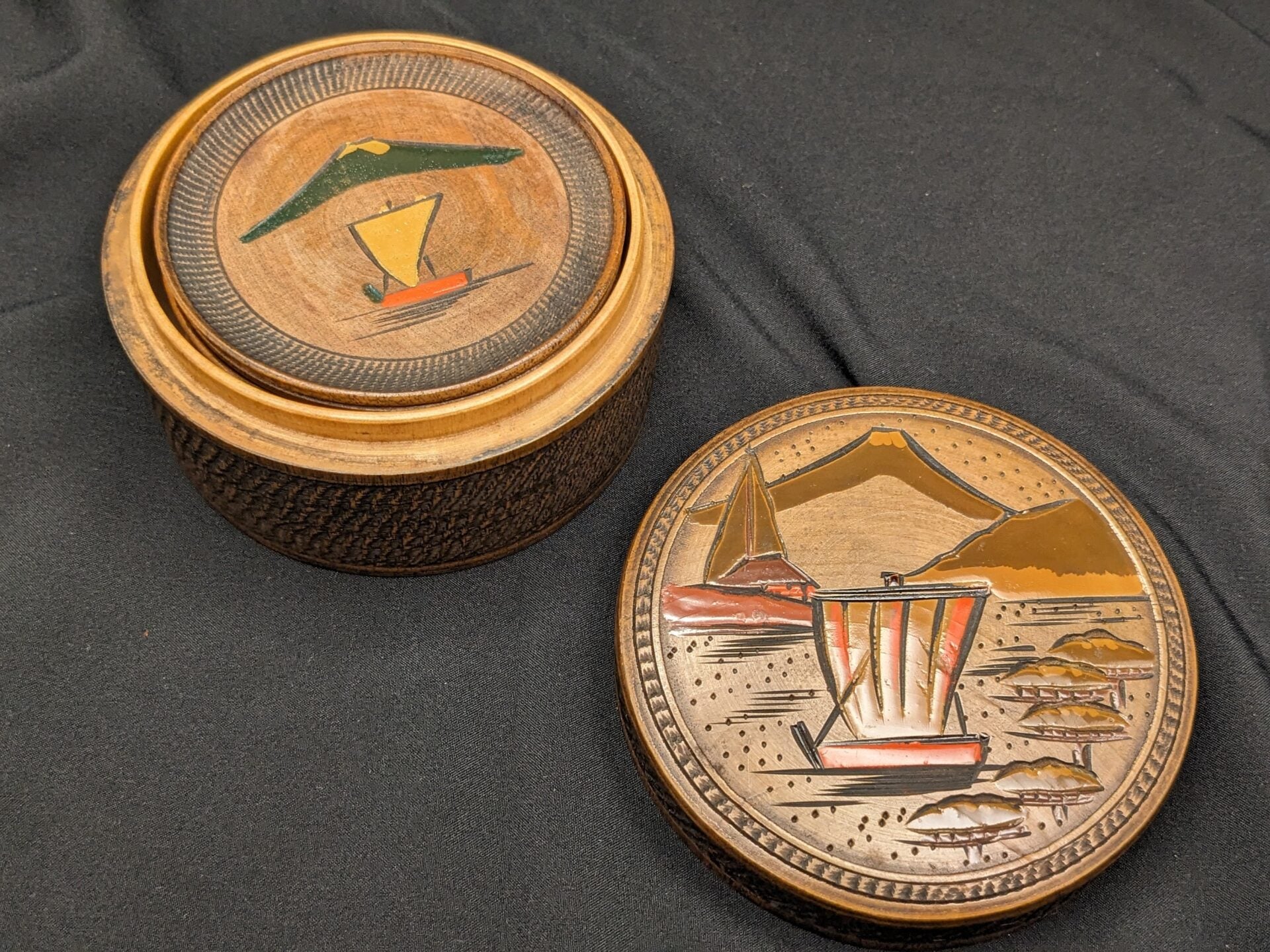 Mt Fuji Carved and Painted Wood Coasters Set of 8 - 1950s Japan image 1