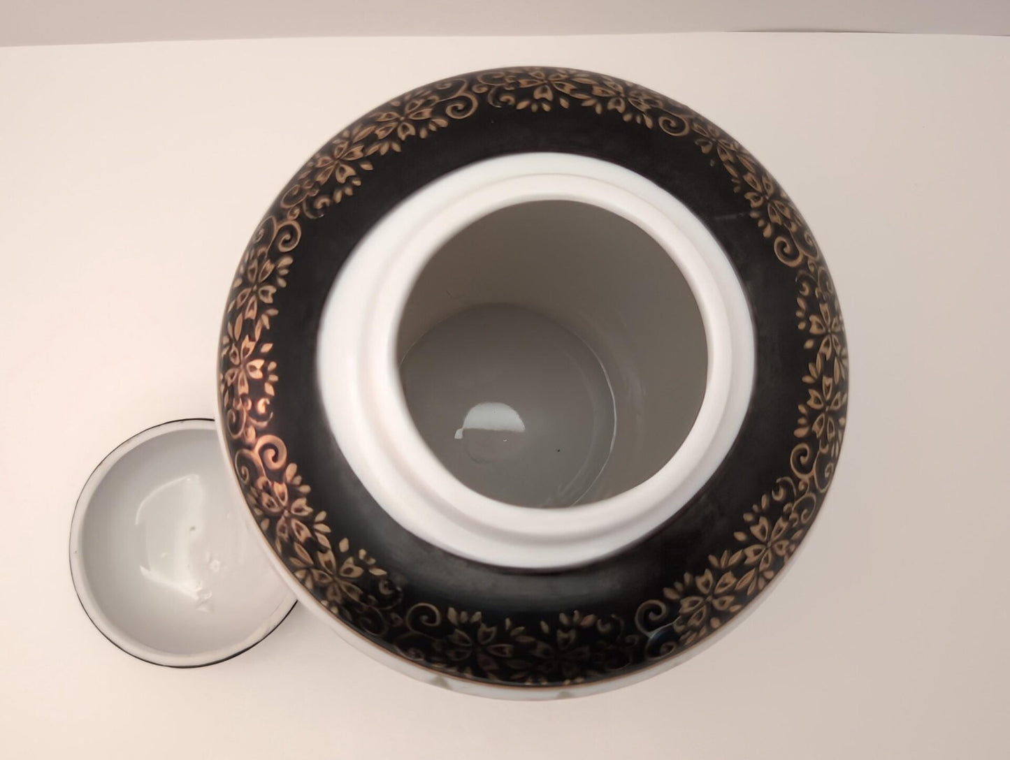 MCM Japanese Ginger Jar - Hand-Painted Seaside Scene with Bamboo, Flowers, Black & Gold Accents image 8