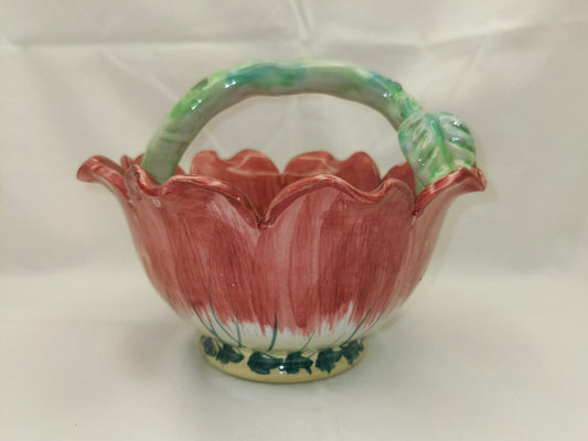 Italian Art Pottery Flower Basket with Pink Lily & Vine Handle, Vintage Handpainted Mid-Century Home Decor image 0