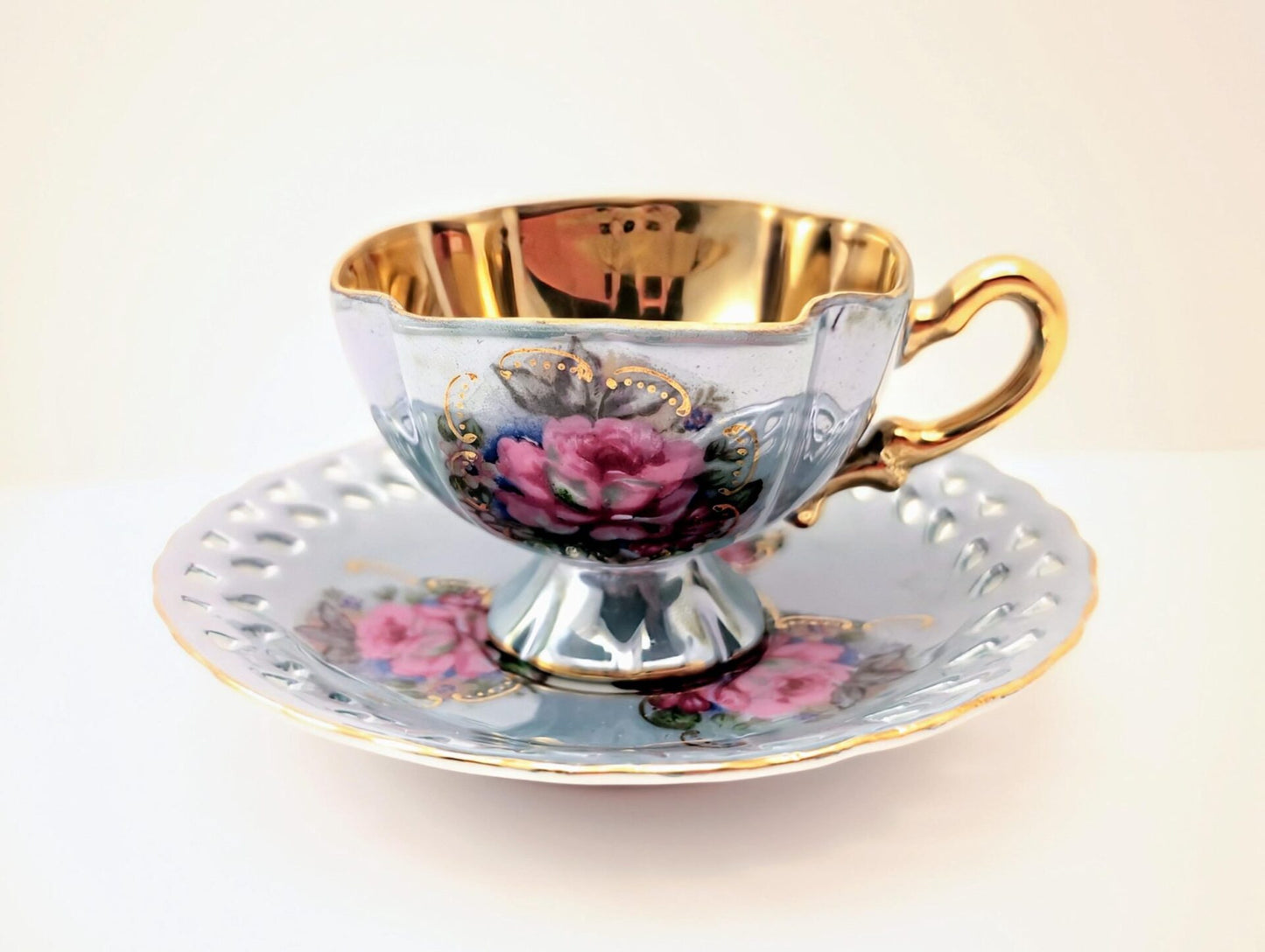 Vintage Royal Ainsley Blue Teacup & Saucer with Roses, Quatrefoil Demitasse, Hand-Painted Gilt Details image 7