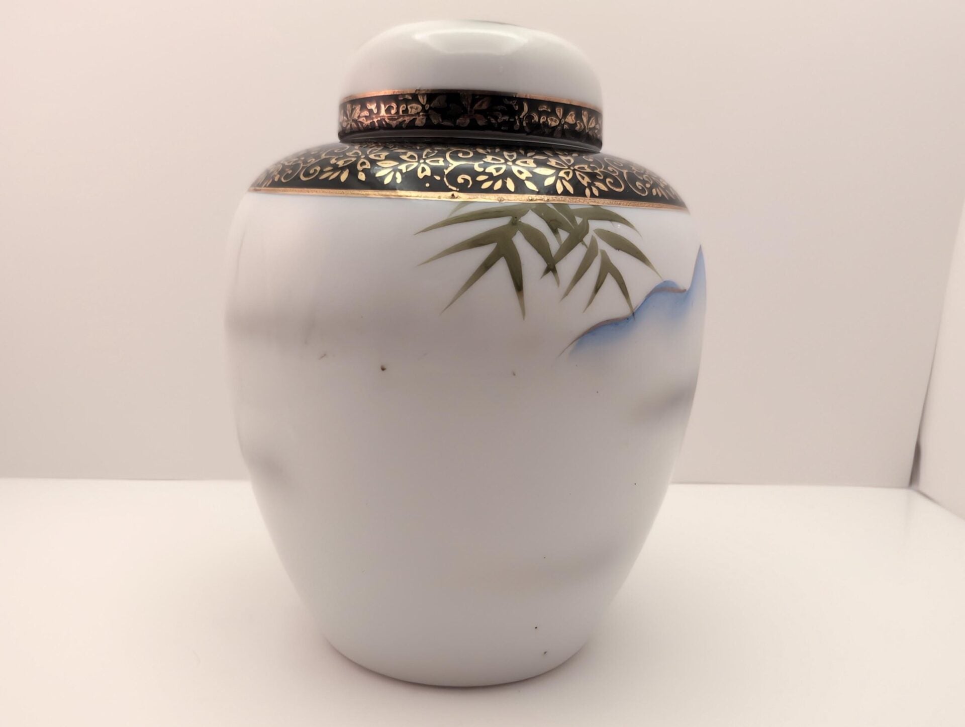 MCM Japanese Ginger Jar - Hand-Painted Seaside Scene with Bamboo, Flowers, Black & Gold Accents image 4