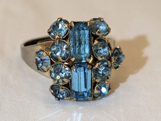 Vintage MCM Sterling Silver Shank Blue Rhinestone Cocktail Ring - Marked - Adjustable image 0