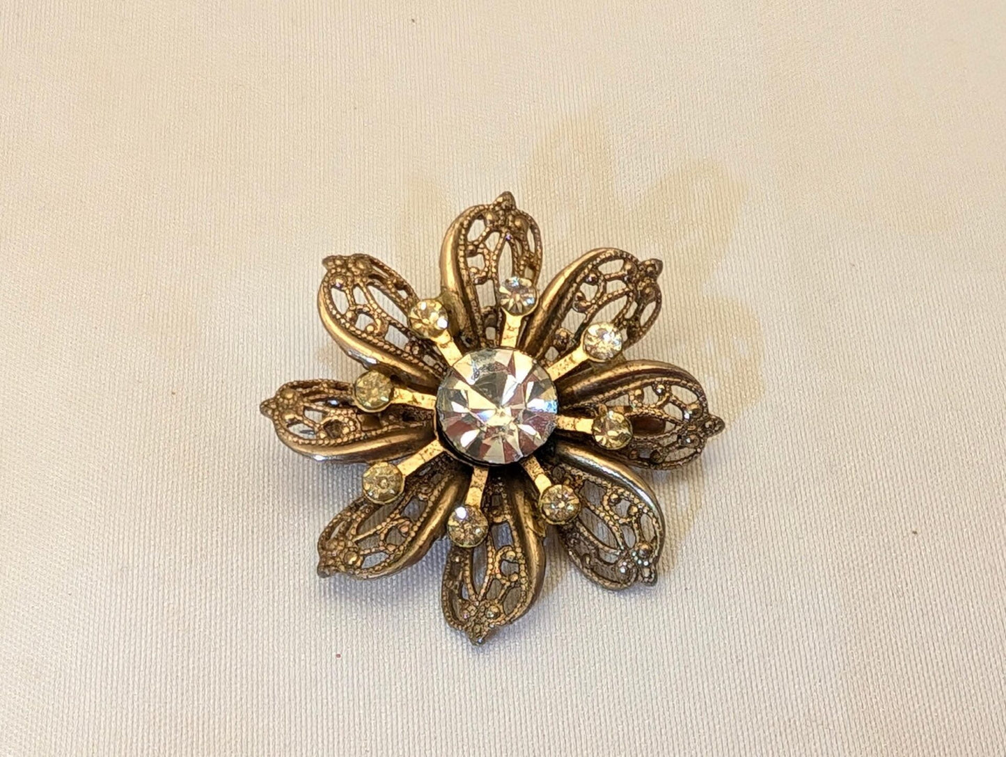 Vintage Gold-Toned Filigree Flower Starburst Brooch With Rhinestones-Retro Glam image 4