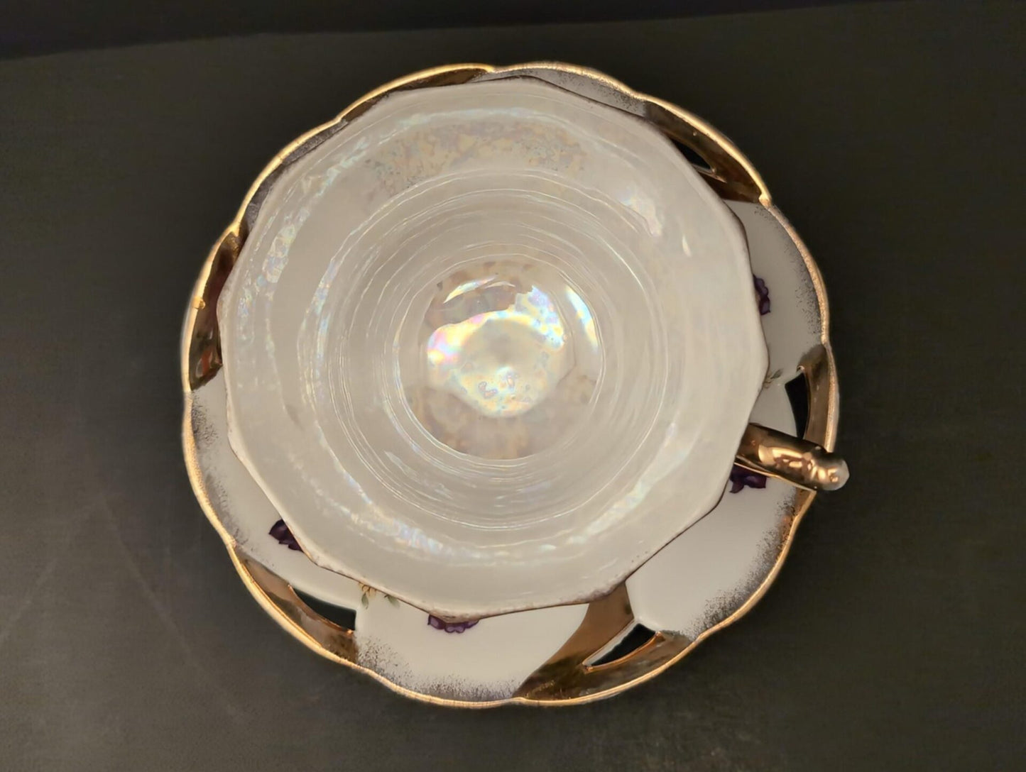 1950s Lusterware Teacup & Saucer Set w/ Roses, Irises, and Gold Trim - 3 Paneled Footed Cup, Loop Handle, Reticulated Plate image 3