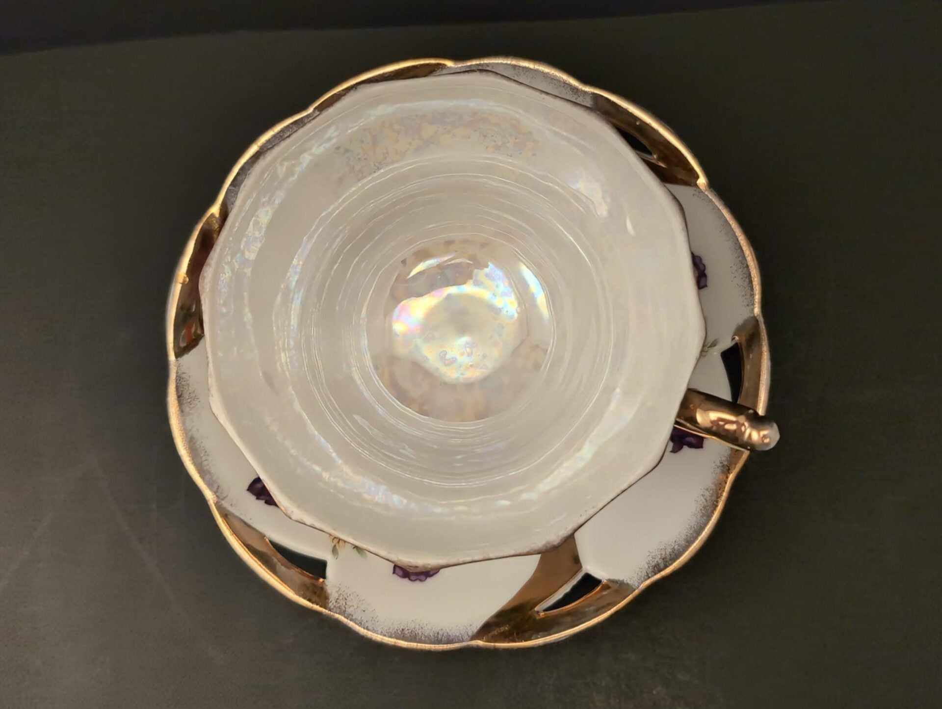 1950s Lusterware Teacup & Saucer Set w/ Roses, Irises, and Gold Trim - 3 Paneled Footed Cup, Loop Handle, Reticulated Plate image 3