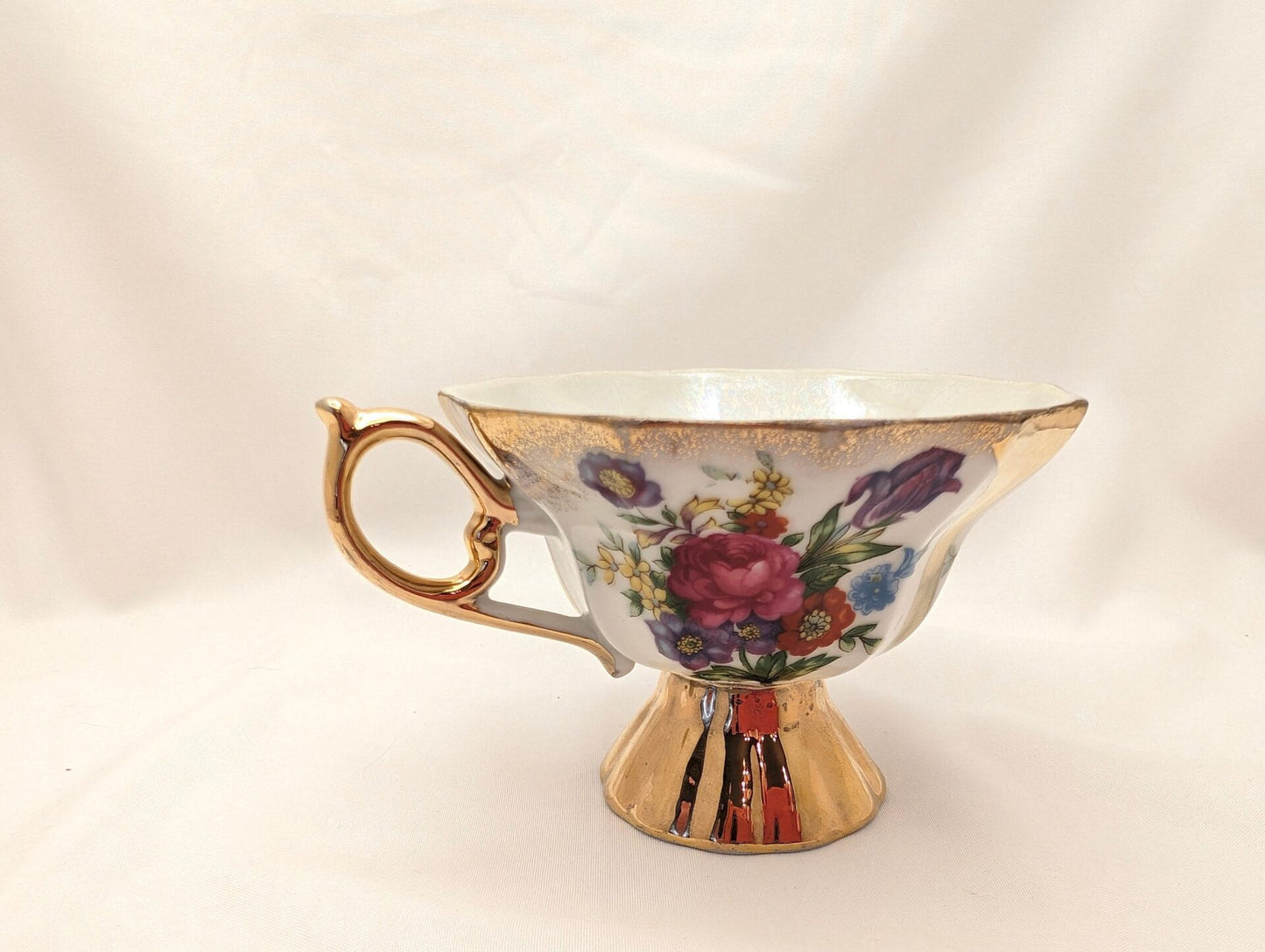 1950s Lusterware Teacup & Saucer Set w/ Roses, Irises, and Gold Trim - 3 Paneled Footed Cup, Loop Handle, Reticulated Plate image 5