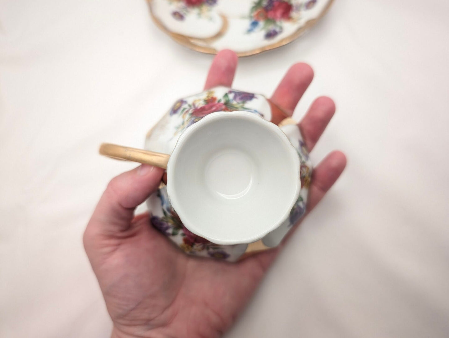 1950s Lusterware Teacup & Saucer Set w/ Roses, Irises, and Gold Trim - 3 Paneled Footed Cup, Loop Handle, Reticulated Plate image 9