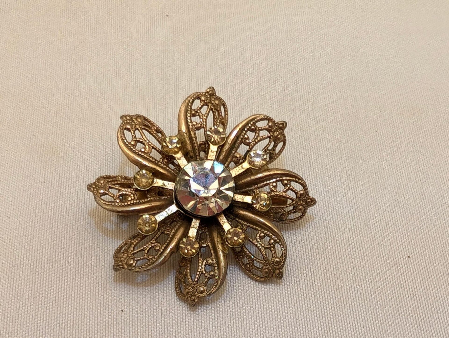 Vintage Gold-Toned Filigree Flower Starburst Brooch With Rhinestones-Retro Glam image 1